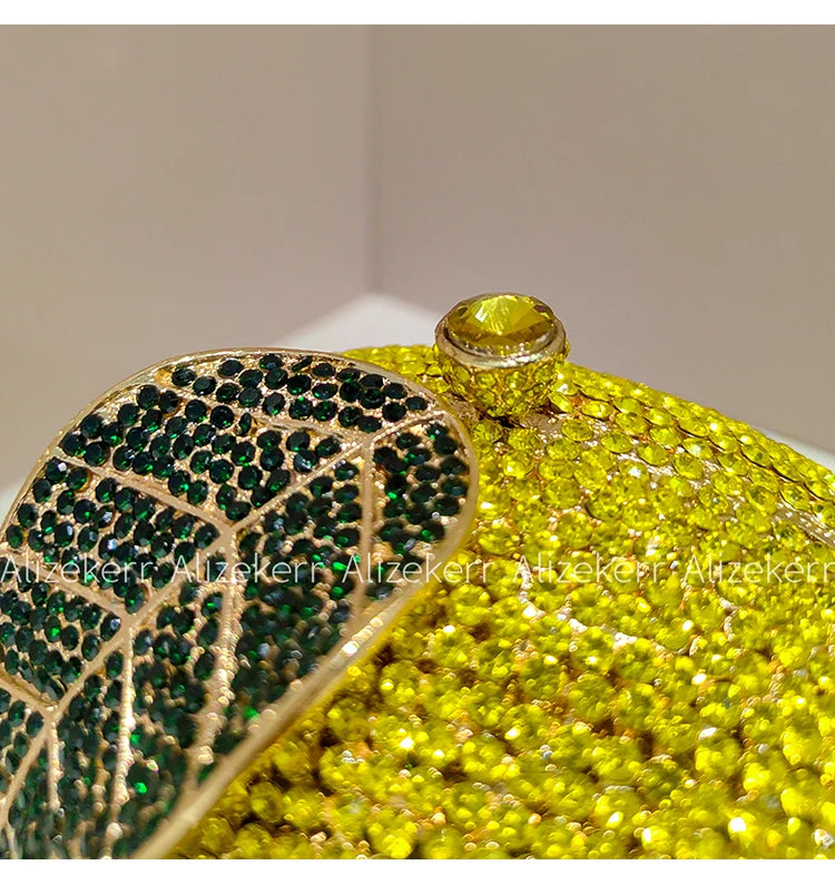 Pochette de soirée Citron avec strass et diamants, sac de fête luxe pour femme, élégant accessoire de mariage et événements.