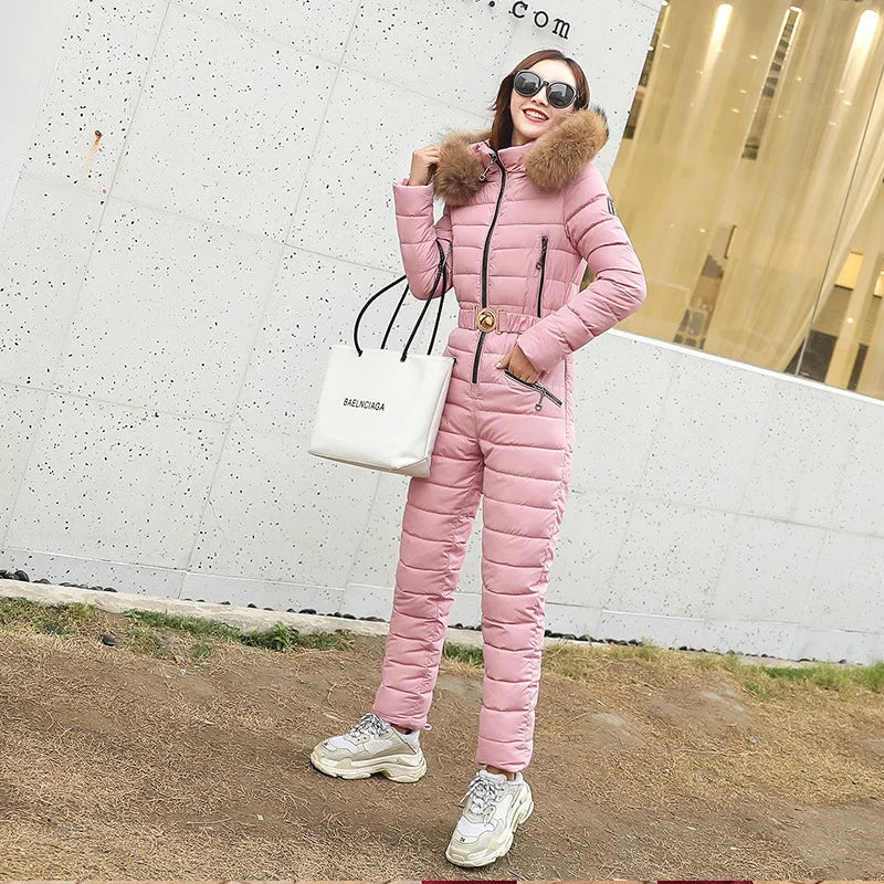 Combinaison Ski Femme Une Pièce 2025 - Parka Capuche Matelassée Coton Jumpsuit Hiver - badassmood