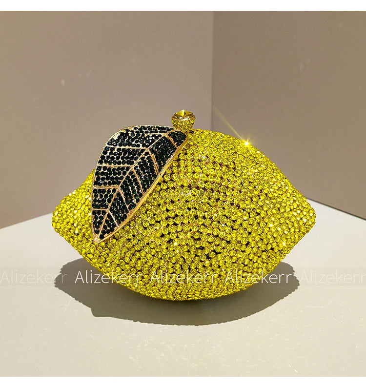 Pochette de soirée citron avec strass et diamants, sac de mariage et fête luxe pour femme, design élégant et brillant