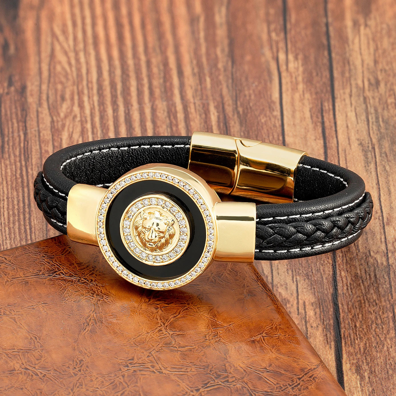 Bracelet Cuir Lion Luxe - Agate Naturelle Zirconium Unisexe Hip-Hop - badassmood