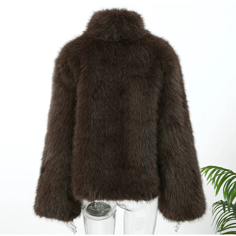 Manteau Fourrure Synthétique Marron Femme - Veste Longue Boutons Pression Hiver - badassmood