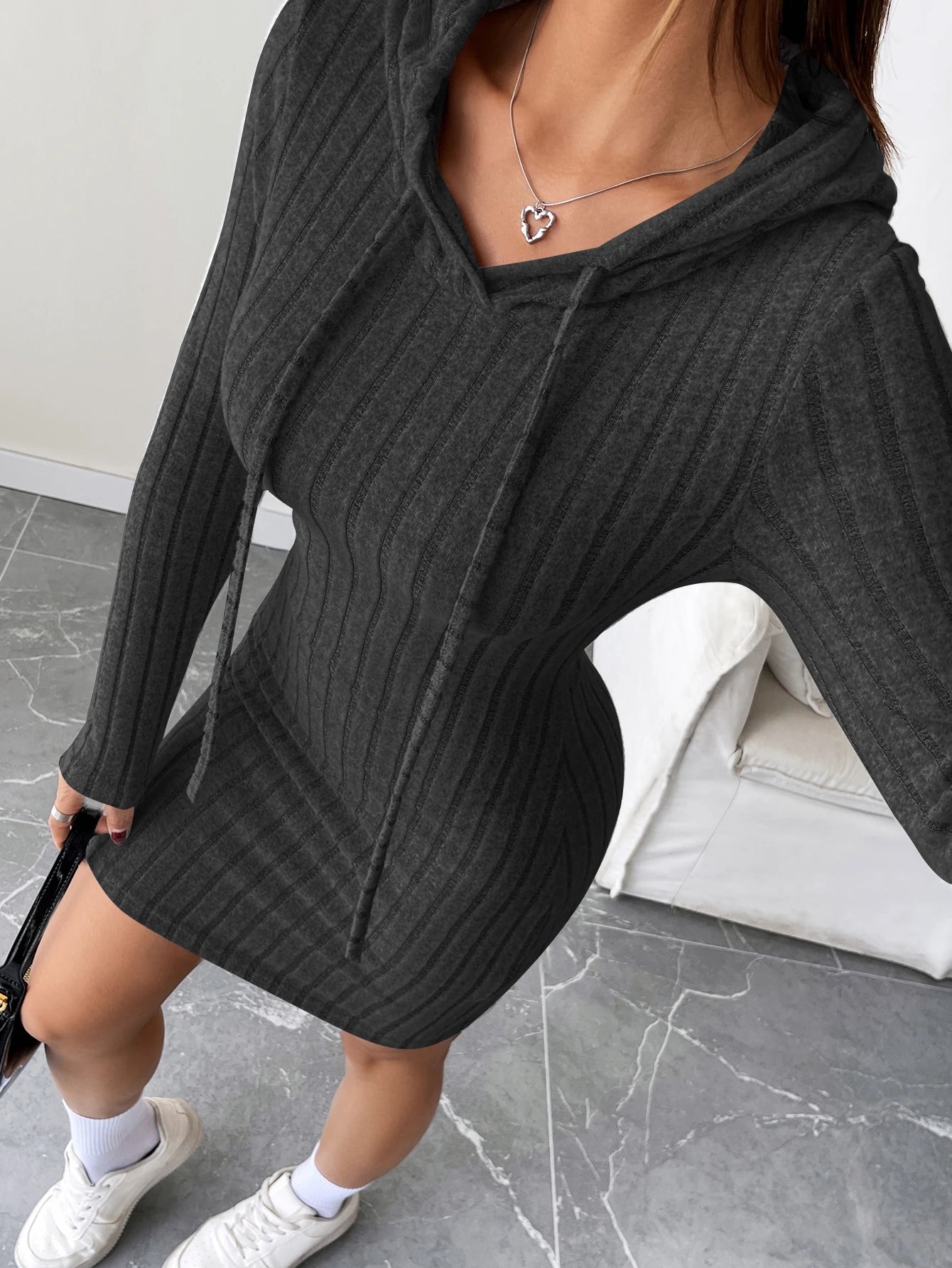 Trendy Ribbed Knitted Hooded Slim Fit Dress with Drawstring - Comfortable Casual Style for Women - badassmood