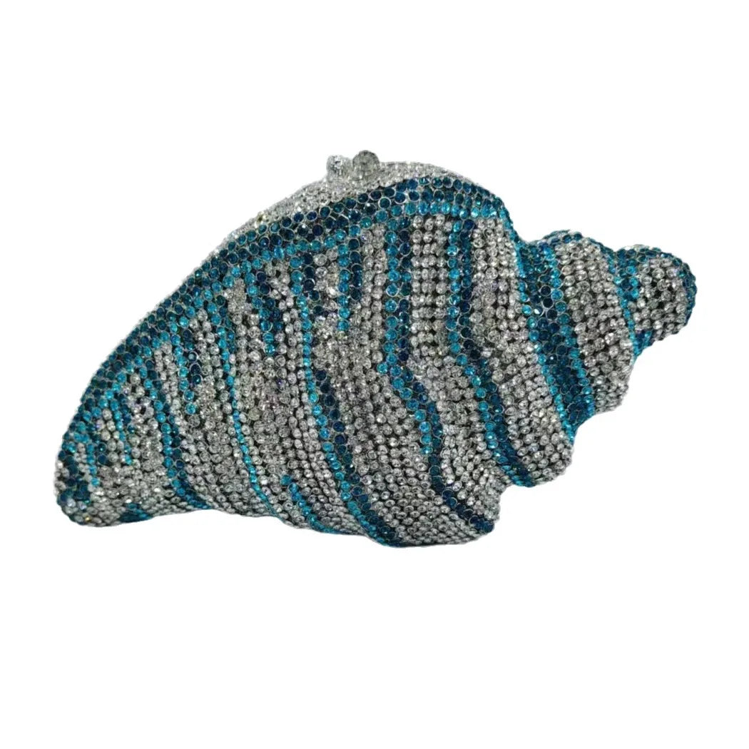 Pochette soirée en coquillage avec cristaux et strass, sac de mariage luxueux pour femme, orné de détails élégants.
