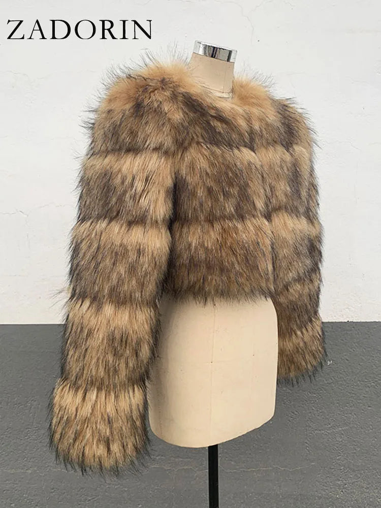 ZADORIN High Quality Cropped Faux Raccoon Fur Coat Women Winter Fashion O Neck Long Sleeve Fluffy Short Faux Fur Jacket Crop Top - badassmood