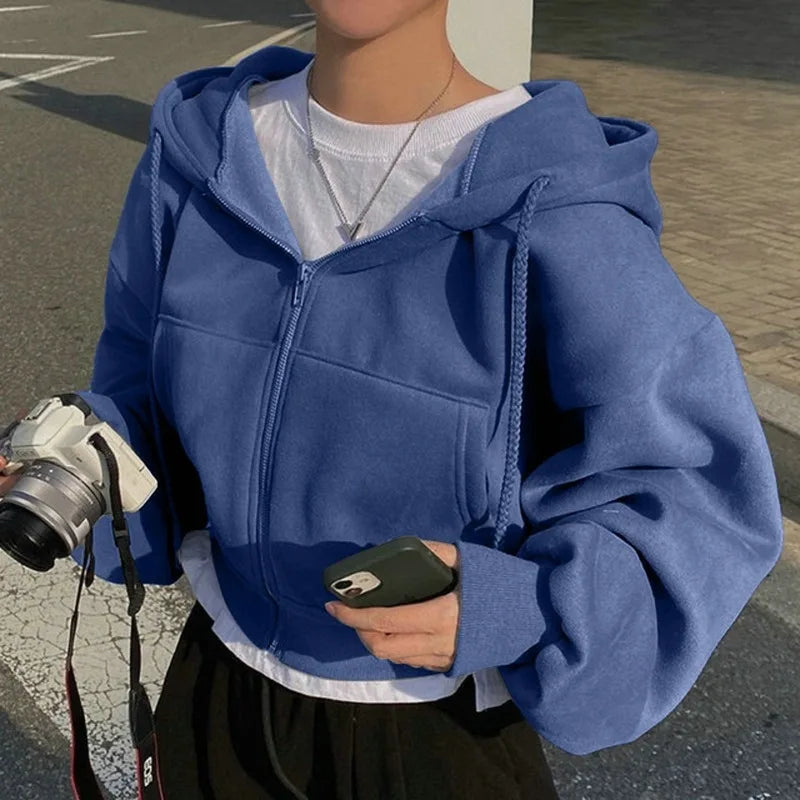 2026 Spring Autumn New Insfleece-lined Versatile Cropped Slims Smooths Silhouette Zip-up Warm Navy Blue Hooded Sweatshirt Women - badassmood