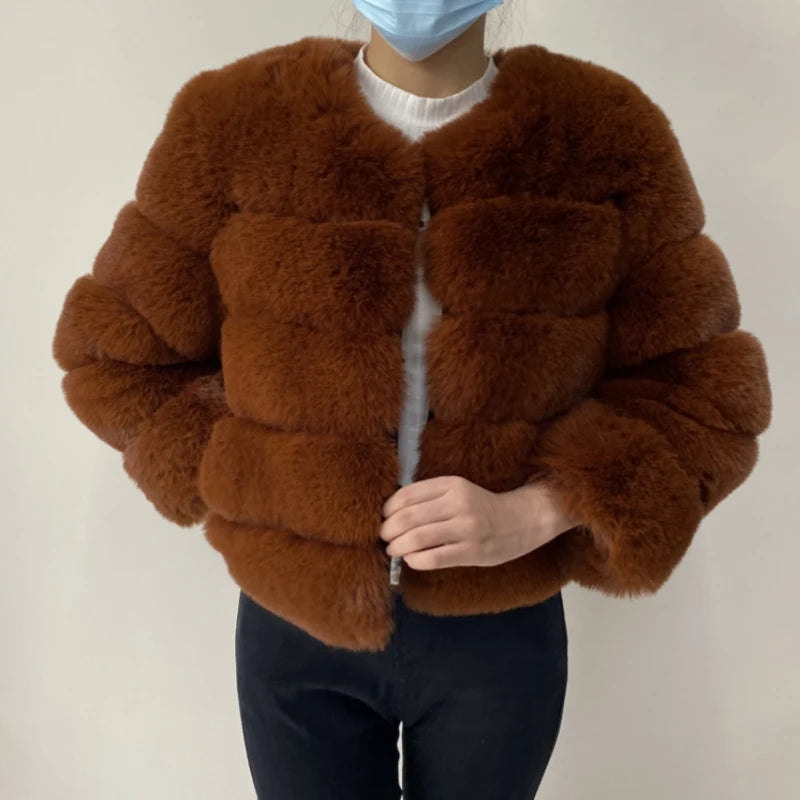 Veste Fourrure Renard Synthétique Beige Femme - Blouson Court Manches 3/4 - badassmood