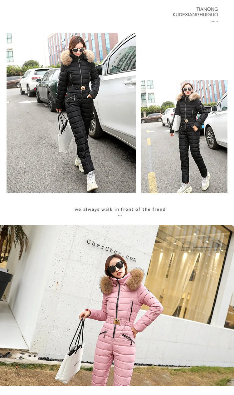 Combinaison Ski Femme Une Pièce 2025 - Parka Capuche Matelassée Coton Jumpsuit Hiver - badassmood