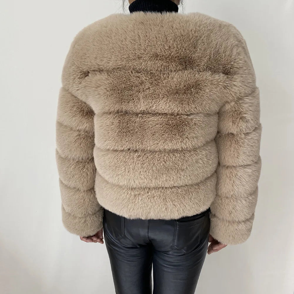 Veste Fourrure Renard Synthétique Beige Femme - Blouson Court Manches 3/4 - badassmood