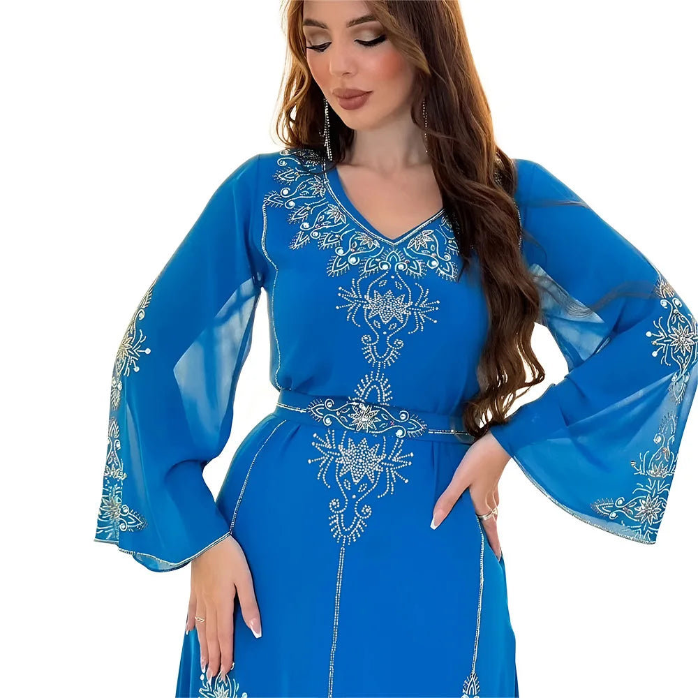 Abaya Musulmane Femme Été - Robe Longue Col V Manches Longues Élégante - badassmood