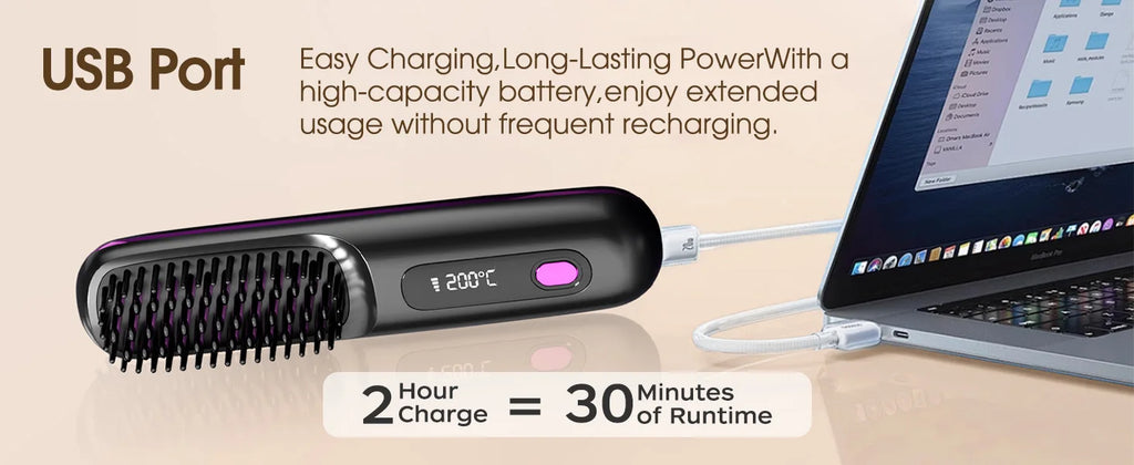 Brosse lissante sans fil Badassmood avec écran LCD, rechargeable USB, compacte et portable pour un lissage facile en voyage.