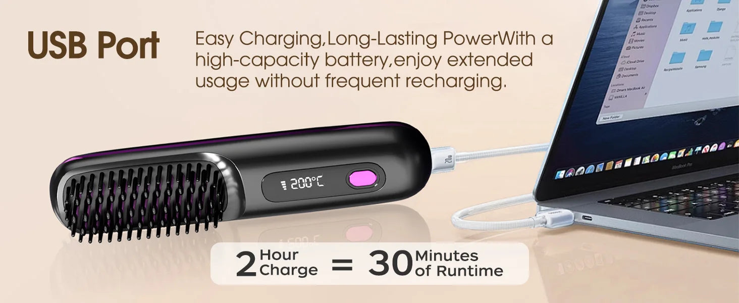 Brosse lissante sans fil Badassmood avec écran LCD, rechargeable USB, compacte et portable pour un lissage facile en voyage.
