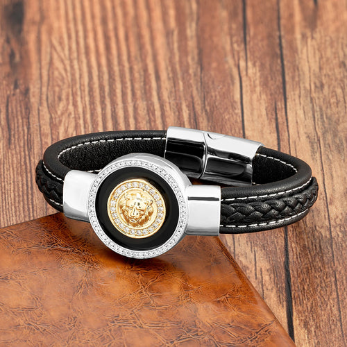 Bracelet Cuir Lion Luxe - Agate Naturelle Zirconium Unisexe Hip-Hop - badassmood