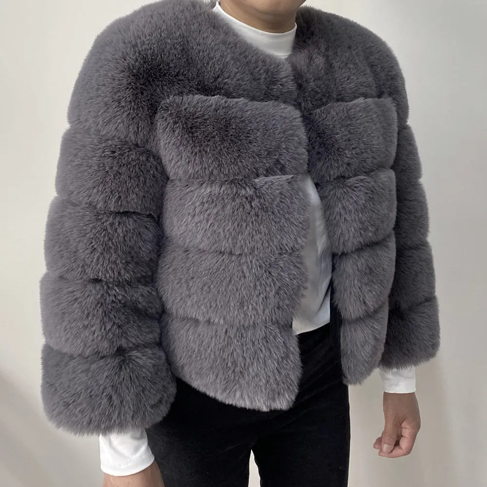 Veste Fourrure Renard Synthétique Beige Femme - Blouson Court Manches 3/4 - badassmood