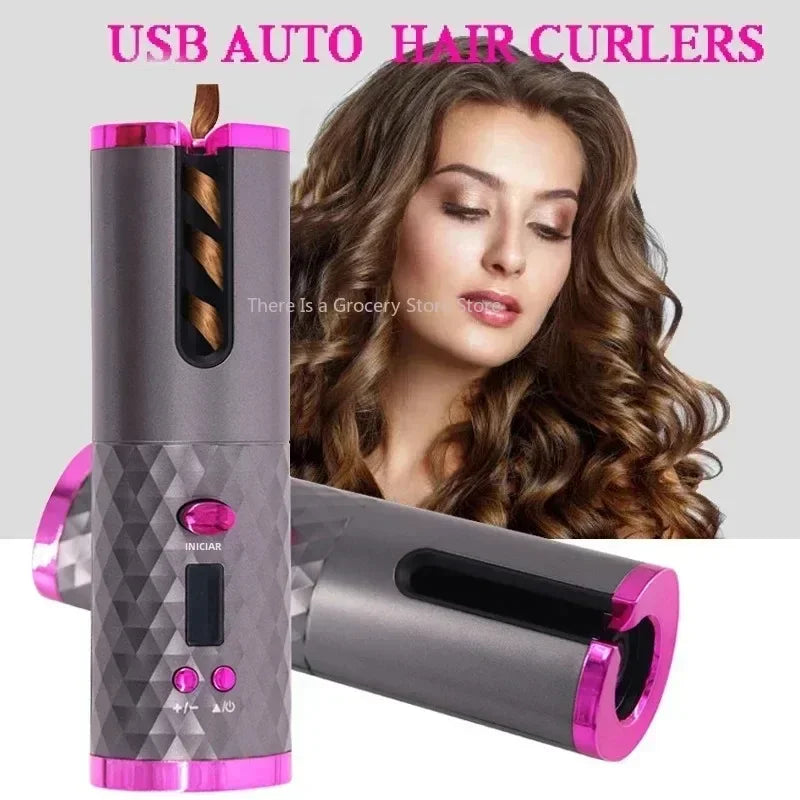 Boucleur automatique sans fil pour cheveux, rechargeable USB, avec boucleurs pour des boucles parfaites sans effort.