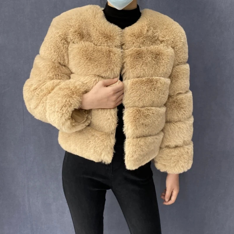 Veste Fourrure Renard Synthétique Beige Femme - Blouson Court Manches 3/4 - badassmood