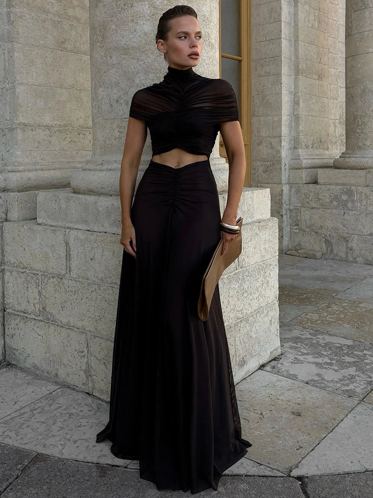 Robe maxi sexy à ajourée avec col rond et manches courtes, taille haute, robe bodycon élégante pour club.
