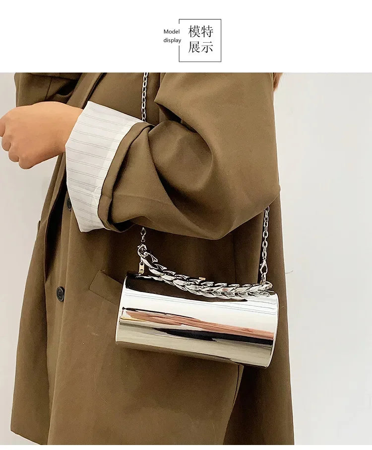 Pochette Cylindre Mini Soirée 2026 - Sac Femme Doré Bandoulière Box Clutch Party - badassmood