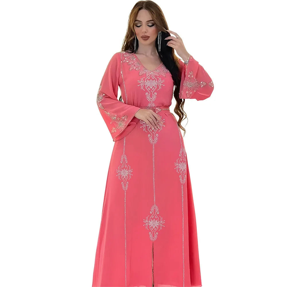 Abaya Musulmane Femme Été - Robe Longue Col V Manches Longues Élégante - badassmood
