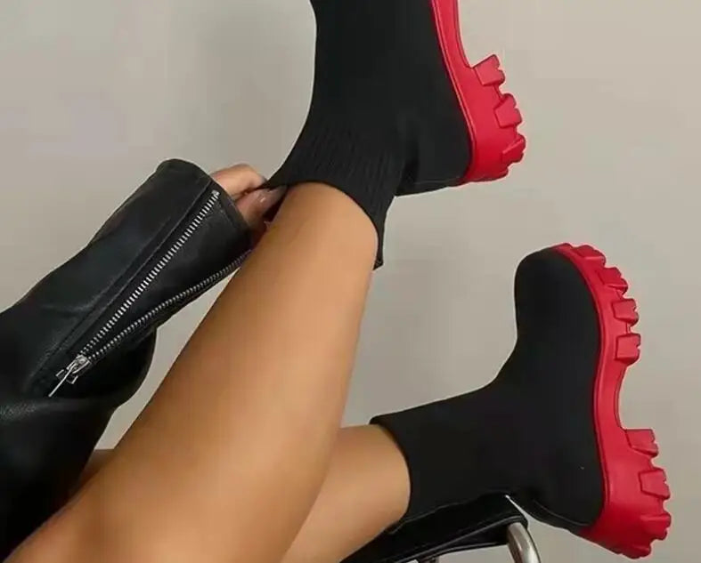Bottines Chaussettes Femme Luxe - Boots Tricot Semelle Épaisse