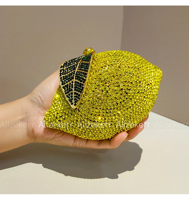 Pochette de soirée citron avec strass et diamants, sac de fête élégant en luxe pour femme, idéal pour mariage ou occasion spéciale.