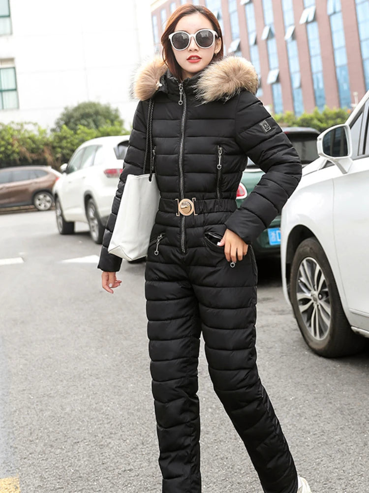 Combinaison Ski Femme Une Pièce 2025 - Parka Capuche Matelassée Coton Jumpsuit Hiver - badassmood