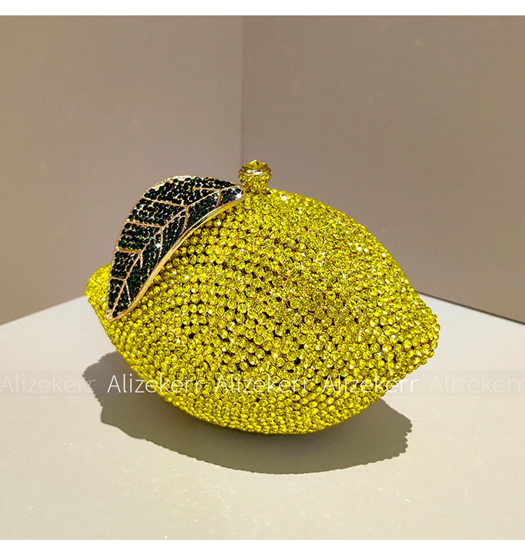 Pochette de soirée citron avec strass et diamants pour femme, sac élégant pour mariage et fête, luxe et chic.