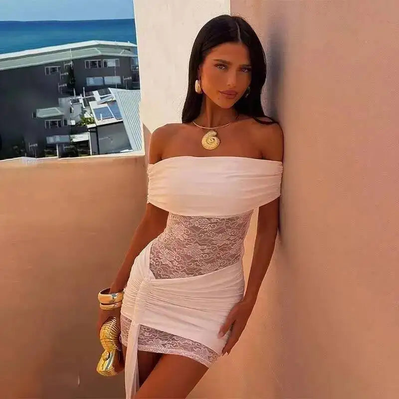 Robe mini plissée en dentelle blanche, dos nu et épaules dénudées, robe de soirée sexy pour club et fête, Badassmood.com
