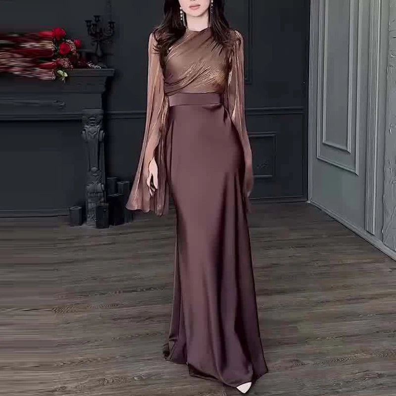 Robe Longue Satin Vintage Femme - Robe Taille Haute Col Rond Banquet Élégante - badassmood