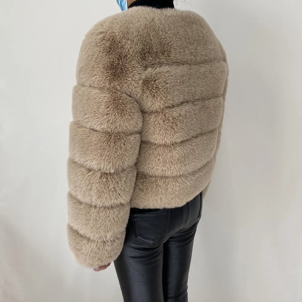Veste Fourrure Renard Synthétique Beige Femme - Blouson Court Manches 3/4 - badassmood