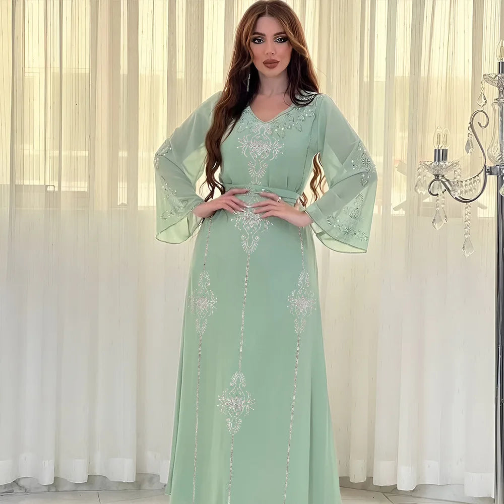 Abaya Musulmane Femme Été - Robe Longue Col V Manches Longues Élégante - badassmood