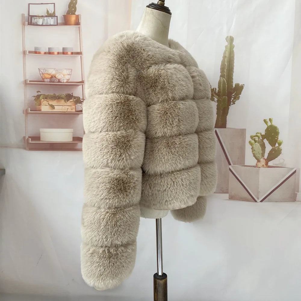 Veste Fourrure Renard Synthétique Beige Femme - Blouson Court Manches 3/4 - badassmood