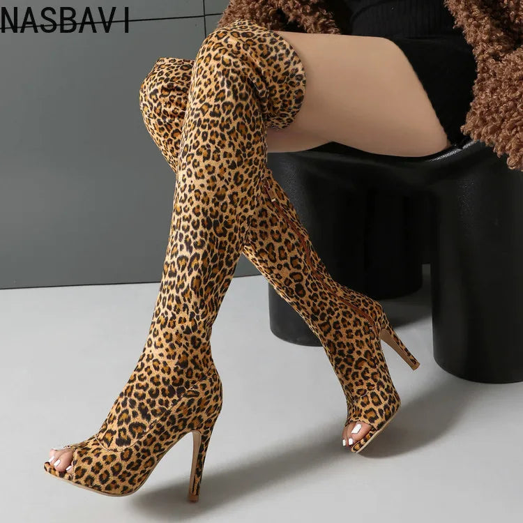 Bottes Cuissardes Léopard Femme Talons Hauts - Cuissardes Zip Élastiques
