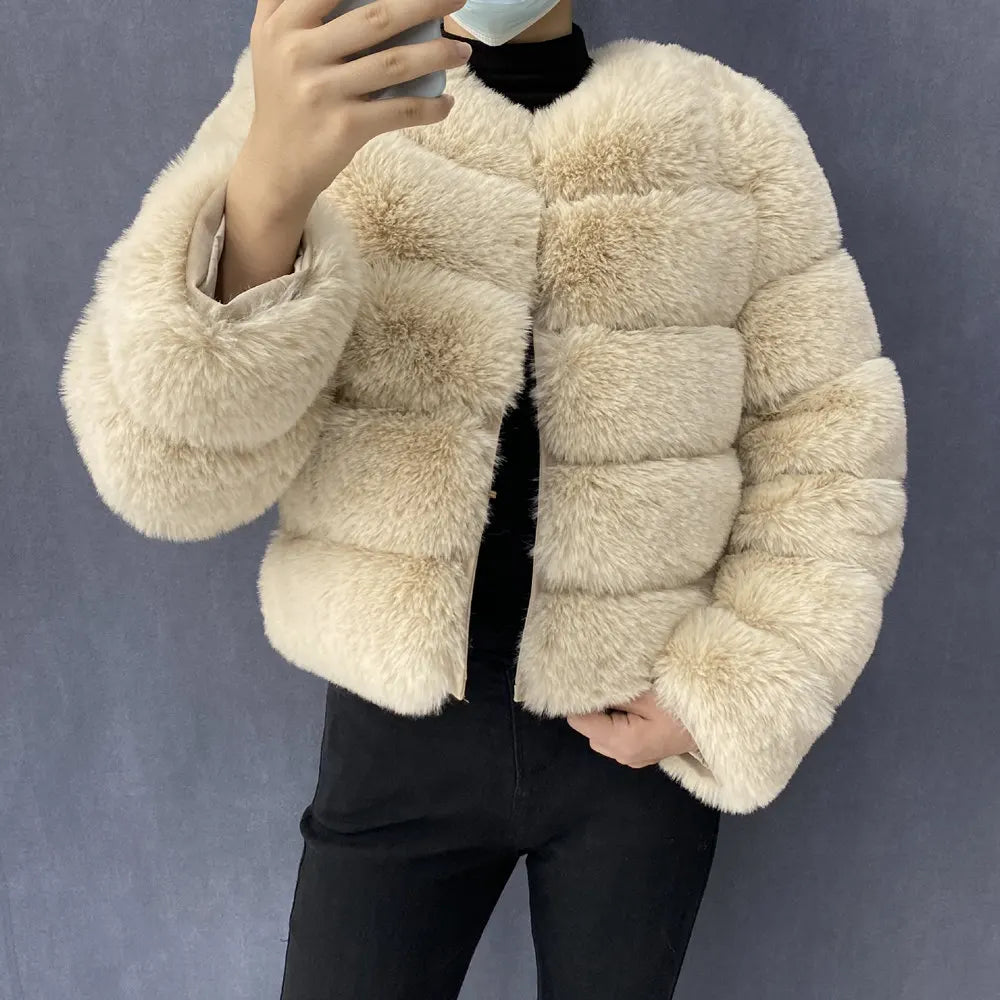 Veste Fourrure Renard Synthétique Beige Femme - Blouson Court Manches 3/4 - badassmood