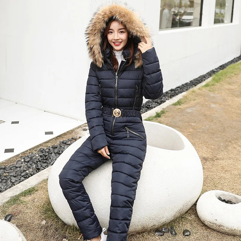 Combinaison Ski Femme Une Pièce 2025 - Parka Capuche Matelassée Coton Jumpsuit Hiver - badassmood