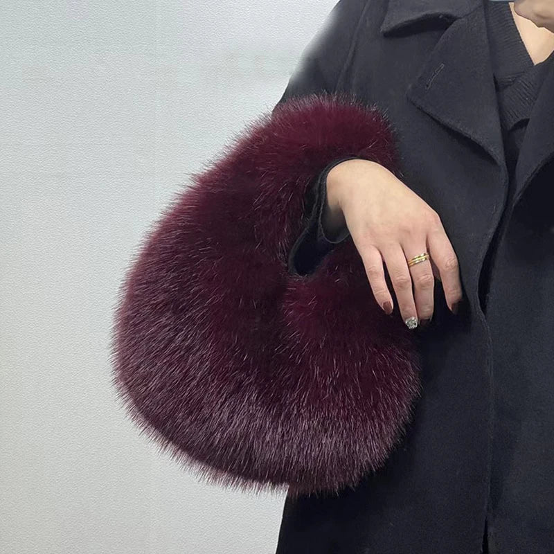 Fashion Soft Plush Half Moon Bags for Women Designer Fluffy Faux Fur Lady Handbags Luxury Small Tote Female Winter Purses - badassmood