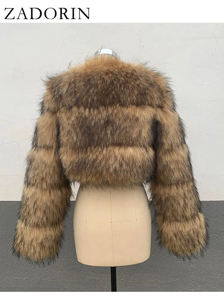 ZADORIN High Quality Cropped Faux Raccoon Fur Coat Women Winter Fashion O Neck Long Sleeve Fluffy Short Faux Fur Jacket Crop Top - badassmood