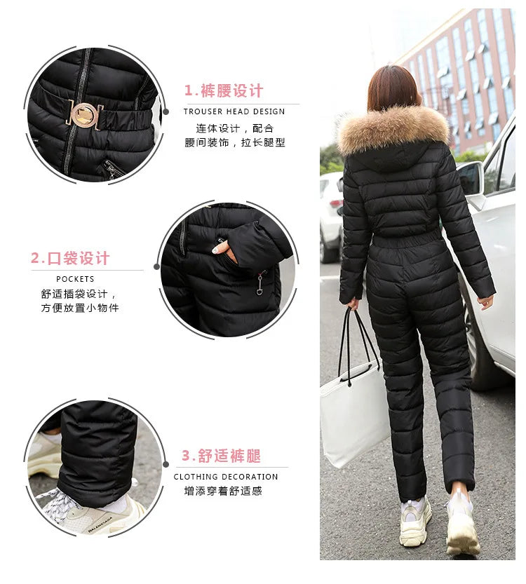 Combinaison Ski Femme Une Pièce 2025 - Parka Capuche Matelassée Coton Jumpsuit Hiver - badassmood