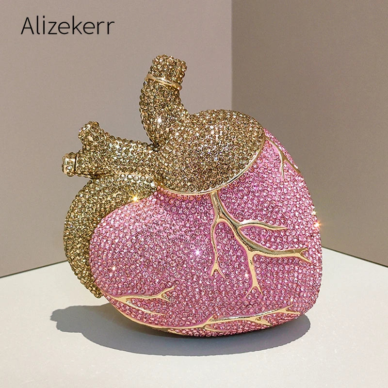 Pochette de soirée en forme de cœur avec strass et diamants, sac de mariage et fête pour femme, luxe et élégant.