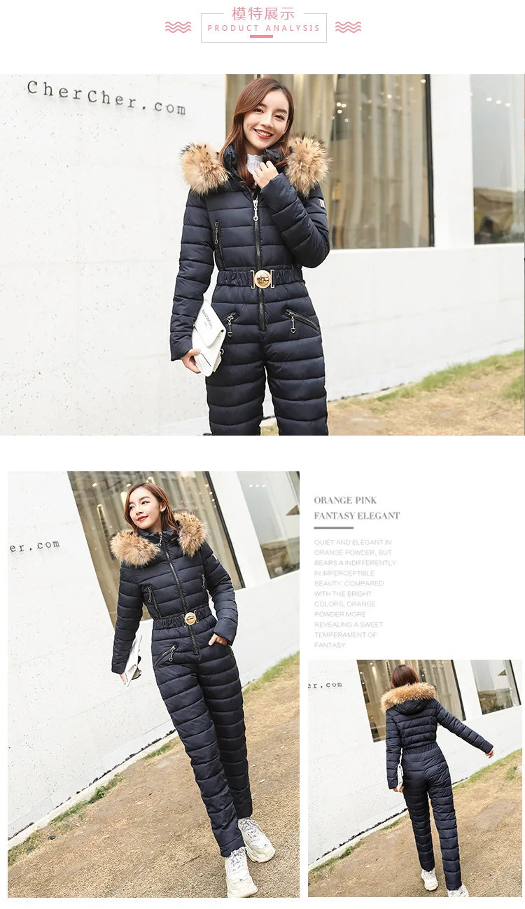 Combinaison Ski Femme Une Pièce 2025 - Parka Capuche Matelassée Coton Jumpsuit Hiver - badassmood