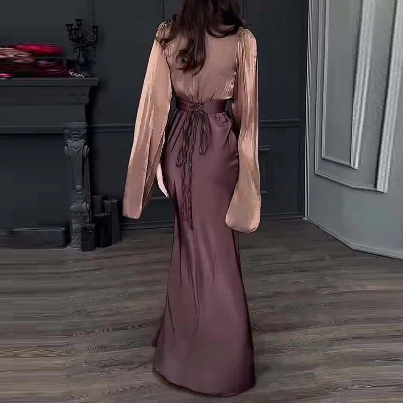 Robe Longue Satin Vintage Femme - Robe Taille Haute Col Rond Banquet Élégante - badassmood