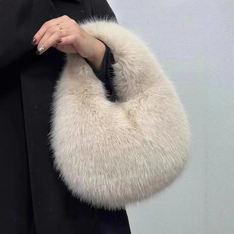 Fashion Soft Plush Half Moon Bags for Women Designer Fluffy Faux Fur Lady Handbags Luxury Small Tote Female Winter Purses - badassmood