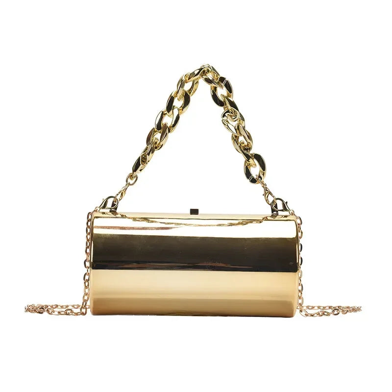 Pochette Cylindre Mini Soirée 2026 - Sac Femme Doré Bandoulière Box Clutch Party - badassmood