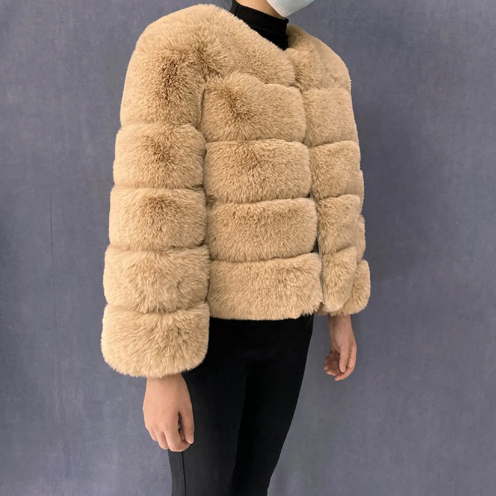 Veste Fourrure Renard Synthétique Beige Femme - Blouson Court Manches 3/4 - badassmood