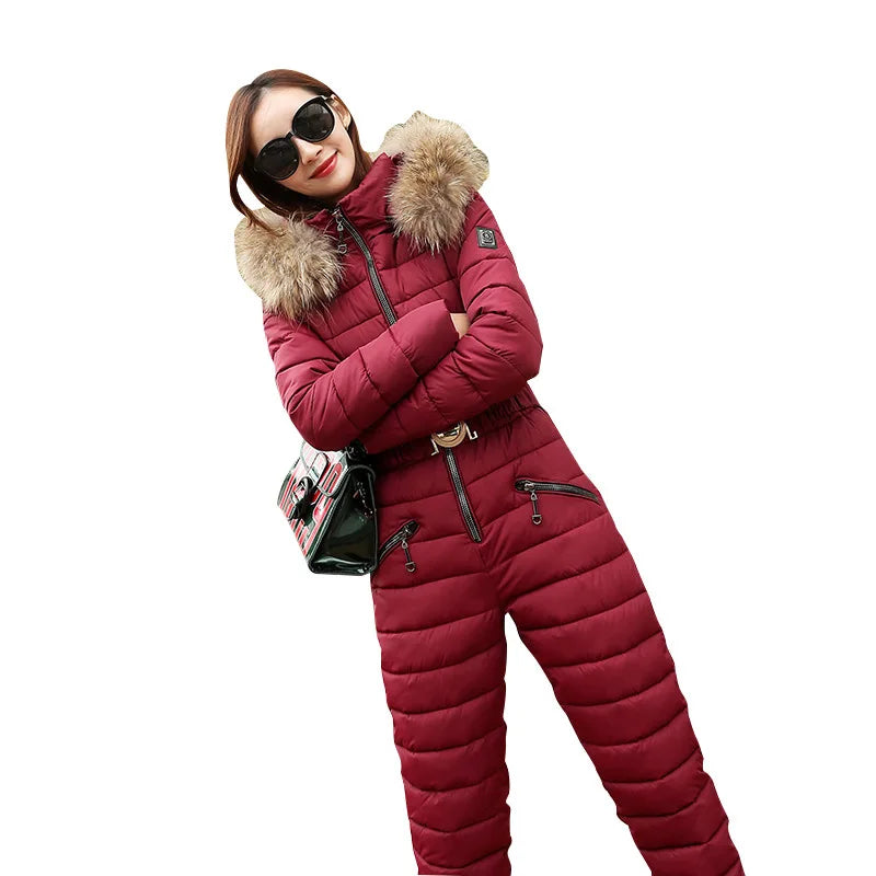 Combinaison Ski Femme Une Pièce 2025 - Parka Capuche Matelassée Coton Jumpsuit Hiver - badassmood