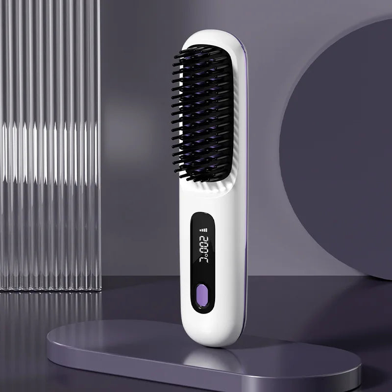 Brosse lissante sans fil LCD rechargeable USB, mini lisseur portable pour cheveux, design compact idéal pour voyage.