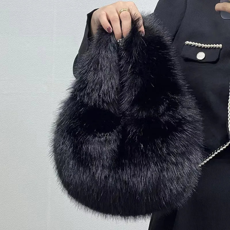 Fashion Soft Plush Half Moon Bags for Women Designer Fluffy Faux Fur Lady Handbags Luxury Small Tote Female Winter Purses - badassmood