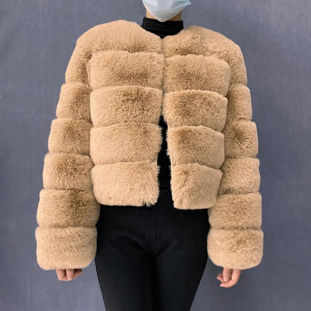 Veste Fourrure Renard Synthétique Beige Femme - Blouson Court Manches 3/4 - badassmood