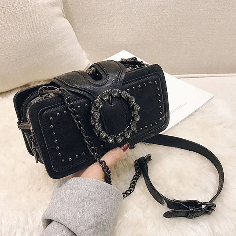 Sac à main femme vintage avec diamants, bandoulière en cuir PU luxe carré, élégant et sophistiqué.