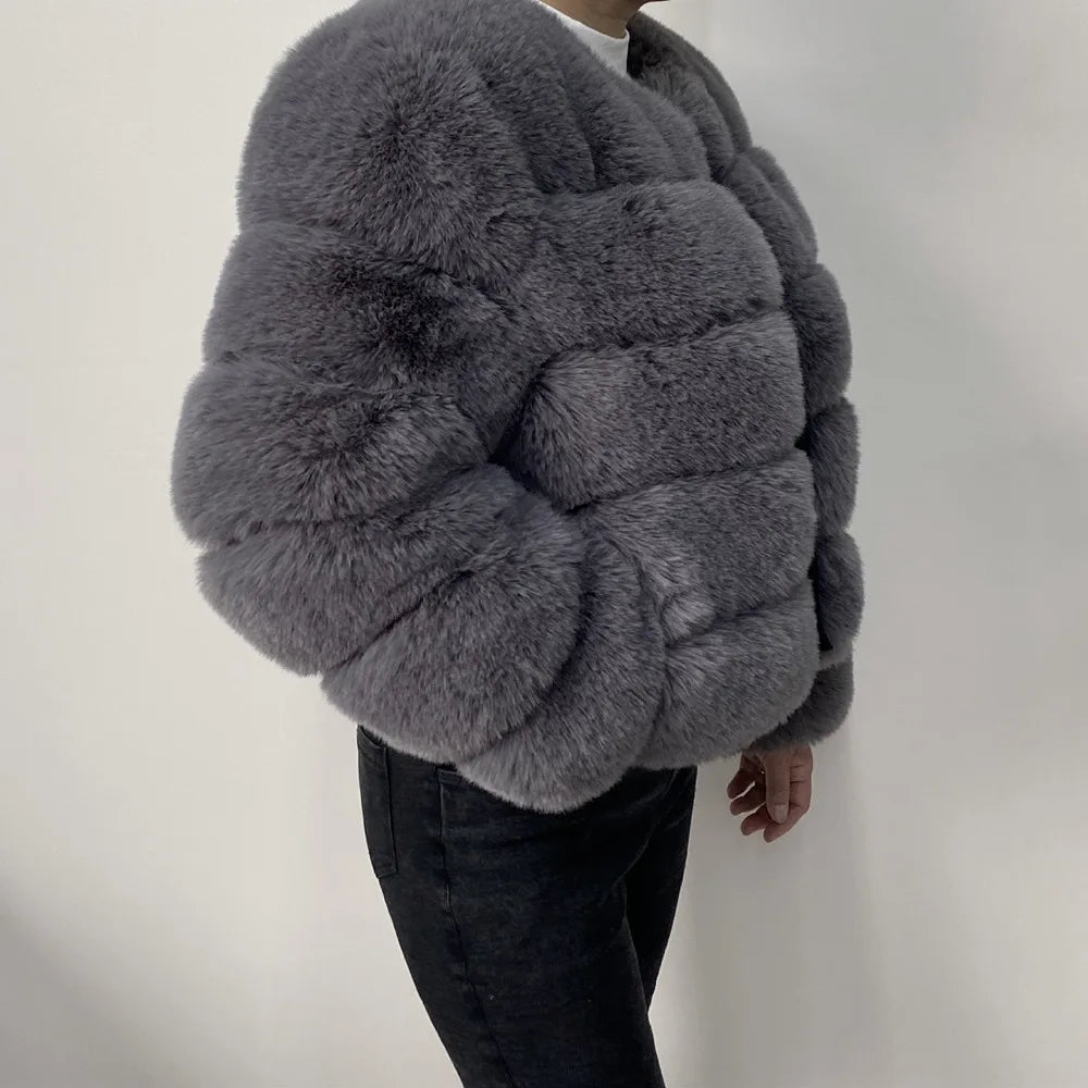 Veste Fourrure Renard Synthétique Beige Femme - Blouson Court Manches 3/4 - badassmood