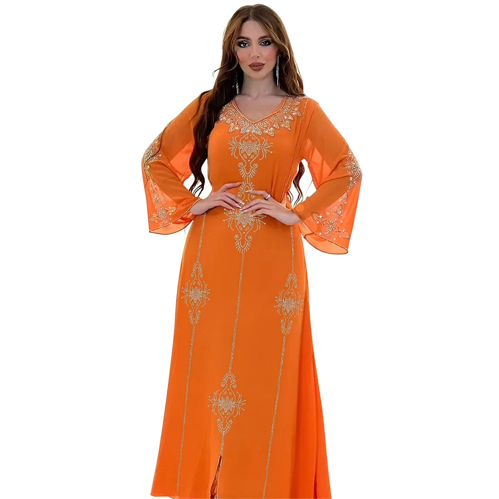 Abaya Musulmane Femme Été - Robe Longue Col V Manches Longues Élégante - badassmood